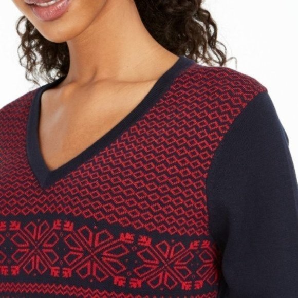 TOMMY HILFIGER Fair Isle Ivy Cotton V-Neck Sweater - NAVY / RED - NWT - XS - Picture 2 of 3